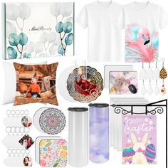 a collage of items including t - shirts, pillows, and other decorative items