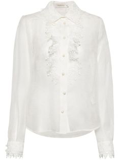 ivory white linen-silk blend semi-sheer construction lace trim classic collar front button fastening long sleeves buttoned cuffs curved hem This item contains at least 50% materials which are certified or widely recognised as having a lower environmental impact through production and/or manufacturing processes that reduce water consumption and the use of harmful chemicals, or re-use by-products of the production process. Learn more about what makes a product Conscious on our Conscious Criteria page Elegant Formal Linen Tops, Elegant Button-up Wedding Blouse, Lace Blouse With Button Closure For Work, Elegant Linen Tops With Button Closure, Elegant White Linen Shirt, Elegant Linen Spring Blouse, Elegant Linen Tops With Buttons, Elegant Linen Collared Shirt, Elegant Linen Blouse For Work