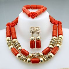 Nigerian Coral Beads Necklace Earring Set for Bride African Wedding Jewelry Set in JW1090 series