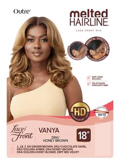 Melted Hairline VANYA Lace Front Wig. Heat resistant fiber. Colors shown are DR4/HONEY BROWN, 1B. Approximately 18 inches long. Frontal effect hairline. No plucking required. Transparent HD lace. Redesigned comfort fit ear contour. Hair is safe to curl or flat iron up to 400F. Comes with average size cap and adjustable straps. Cap comes with front and back combs. Manufactured by Outre. SALE ITEM NOT ELIGIBLE FOR RETURN OR EXCHANGEExclusive at Hair Stop and Shop Back Combing, Stop And Shop, Chocolate Swirl, Honey Brown, Velvet Color, Honey Blonde, Hd Lace, Flat Iron, Lace Front Wig