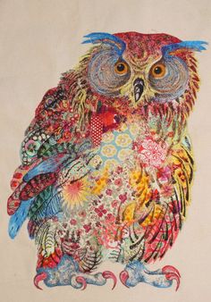 an owl with colorful feathers and flowers on it's body, sitting in front of a white background