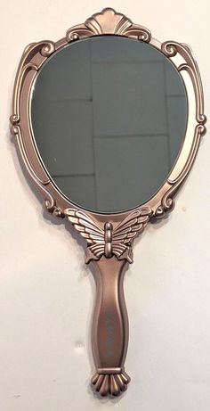 a mirror that is on the wall with an ornate frame and metal decoration around it