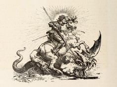 a drawing of a man riding on the back of a horse next to a demon