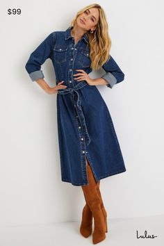 Denim is always an iconic choice, so elevate your seasonal wardrobe with the Lulus Edgy Instinct Dark Wash Denim Long Sleeve Midi Dress! Sturdy cotton denim shapes this undeniably cool dress that has long sleeves with snap-button cuffs and a collared neckline. Bodice boasts two flap pockets with snap closures and a full snap button placket at front. Waist features belt loops and a removable sash belt, atop a column-style skirt that ends at a midi hem. Fit: This garment fits true to size. Length: Denim Winter Dress, Medium Wash Dress With Button Closure For Fall, Fall Relaxed Fit Denim Blue Denim Dress, Fall Dress With Button Closure In Medium Wash, Fall Dress With Button Closure, Winter Blue Cotton Denim Dress, Indigo Denim Button-up Dress, Casual Medium Wash Denim Dress For Winter, Fitted Cotton Denim Dress For Winter