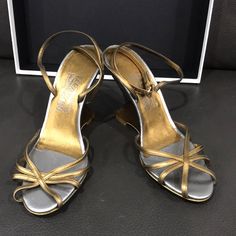 Brand New Excellent Condition No Box Modern Metallic Sandals For Formal Occasions, Luxury Gold Heels In Metallic Leather, Silver Closed Toe Sandals For Formal Occasions, Luxury Metallic Sandals For Formal Occasions, Gold Heels With Leather Sole For Party, Metallic Silver Heels With Round Toe For Formal Occasions, Luxury Metallic Heels For Formal Occasions, Elegant Silver Sandals With Round Toe, Elegant Metallic Sandals For Wedding