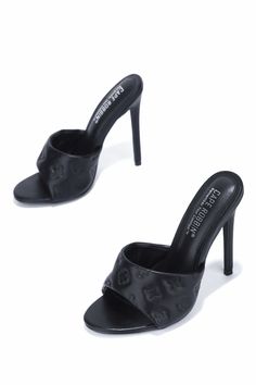 high heel slipper mule with imprinted stamped mate Brand: Cape Robbin Style: Mackley Fabric: Details: 90s Party Outfit, Kodak Black, Confident Style, High Heel Slippers, Strappy High Heels, Heel Slippers, Dream Shoes, Womens Heels, Black Heels