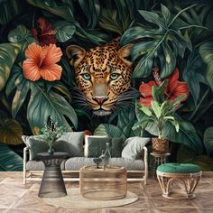 a living room with a couch, chair and wall mural featuring a tiger's face