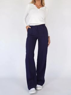 Effortless Style Meets All-Day Comfort with Relaxed Fit Wide-Leg Trousers Enhance your wardrobe with the ultimate fusion of style and comfort with our Relaxed Fit Wide-Leg Trousers. These versatile pants feature a loose silhouette and wide-leg design, offering a chic, sophisticated look that transitions effortlessly from day to night. Whether you're dressing up for work or keeping it casual, these trousers are designed to make you look polished and stylish in any setting. Unmatched Comfort for E Dark Blue Trousers, Wide Trousers, Winter Pants, Blue Trousers, Pantalon Large, Wide Pants, Belleza Natural, Accessories Jacket, Outfit Casual