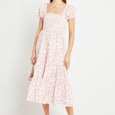 This Easy Tiered Maxi Dress Has A Smocked Bodice And Short Puff Sleeves. Done In 100% Cotton For A Light And Airy Feel. Painted Cherries Print. - Hidden Pockets - Puff Sleeves - Content: 100% Cotton - Care: Machine Wash Cold / Hand Wash Cotton Smocked Midi Dress For Day Out, Cotton Midi-length Smocked Dress For Day Out, Feminine Smocked Dress With Square Neck For Brunch, Feminine Square Neck Smocked Dress For Brunch, Spring Cotton Smocked Dress For Brunch, Chic Cotton Smocked Dress For Brunch, Tiered Cotton Midi Dress With Smocked Bodice, Cotton Tiered Midi Dress With Smocked Bodice, Cotton Midi Dress With Smocked Back For Brunch