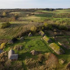 an aerial view of some houses in the middle of a green field with trees and grass