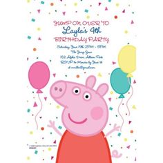 peppa pig birthday party with balloons and confetti on the side, in pink