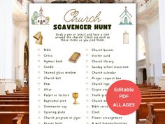 a church scavenger hunt is displayed in front of the pews and alter