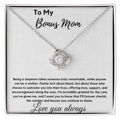 Looking for the perfect gift to express your love and appreciation to your To My Bonus Mom, Foster Mom Necklace Gift. Look no further than this amazing necklace from Treasure Love Notes.   Imagine her reaction receiving this beautiful Love Knot Necklace. Representing an unbreakable bond between two souls, this piece features a beautiful pendant embellished with premium cubic zirconia crystals. Surprise your loved one with this gorgeous gift today! 14k white gold over stainless steel or 18k yello Bonus Mom And Daughter Shirts, Mom And Bonus Mom Shirts, To My Bonus Mom, Bonus Mom Shirts Vinyl, Bonus Mom Shirt, Adoptive Mom, Bonus Mom Gifts, Foster Mom, Step Mother