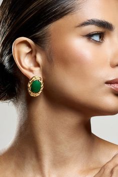 Essie | Green Pendant Gold Earrings Health And Hygiene, Green Pendant, Green Pendants, Pierced Jewelry, Information Design, Pendant Gold, Gold Studs, Essie, Gold Pendant