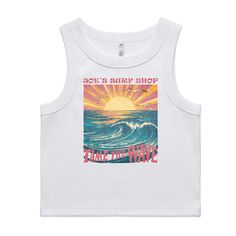 Crop tops are a big deal, but tank tops are an even bigger deal. So we decided to make our first crop tank top! And on top of that, its ribbed! You can't go to any beach in California and not find 10+ people wearing a crop top/crop tank. We decided to join the party and make the first Joe's Surf Shop crop tank, the Joe's Surf Shop Organic Rib Crop Tank. This ribbed tank top is comfortable yet super cute for all occasions. Slim fit Heavy weight, 9.7 oz 95% organic cotton 5% elastane Self fabric w Casual Racerback Crop Top For The Beach, Cropped Cotton Tank Top For Beach, Cropped Cotton Tank Top For Beach Season, Casual Summer Beach Muscle Tee, Summer Tank Crop Top For Beach Season, Summer Tank Crop Top, Sleeveless Graphic Print Top For Beach Season, Cropped Cotton Tank Top For The Beach, Cotton Cropped Tops For Beach Season