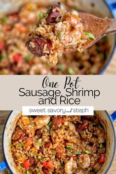 one pot sausage shrimp and rice in a skillet