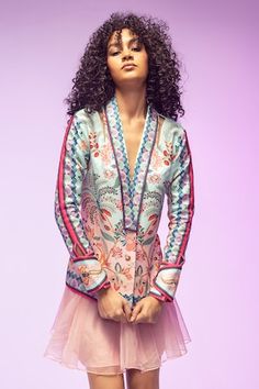 Blue, pink jacket with thread embroidery in floral pattern and lapel collared neckline. - Aza Fashions Designer Long Sleeve Sets For Spring, Designer Sets For Spring, Silk Long Sleeve Blazer With Floral Print, Designer Multicolor Blazer For Spring, Designer Multicolor Spring Blazer, Spring Wedding Outerwear With Floral Embroidery, Blue Spring Wedding Outerwear, Spring Wedding Blue Outerwear, Elegant Nehru Jacket With Intricate Embroidery For Spring