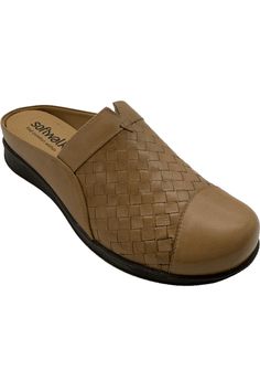 Style: San Marcos Woven Slip-on style Lightweight sole, egg-crate cushioned footbed Approximately 1-3/4"H heel Leather upper; polyurethane outsole Synthetic Sandals With Rubber Sole, Medium Width, Brown Synthetic Clogs With Rubber Sole, Comfortable Synthetic Clogs With Flat Heel, Comfortable Synthetic Clogs With Cushioned Footbed, Beige Synthetic Clogs With Removable Insole, Synthetic Clogs With Textured Footbed And Round Toe, Synthetic Clogs With Cushioned Footbed Medium Width, Beige Slip-on Synthetic Clogs, Synthetic Slip-on Clogs With Textured Footbed