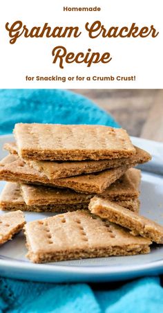 graham cracker recipe on a white plate with blue towel and napkin in the background