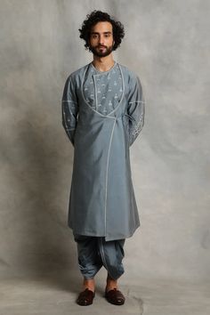 Buy Gargee Designers Grey Cotton Silk Angrakha And Embroidered Kurta Set Online | Aza Fashions Angharka Style Kurti, Angarkha Kurti Pattern, Angharka Style, Angrakha Style Kurta, Stylish Boy Clothes, Grey Kurta, Angrakha Style, Kurta Cotton, Kurta Men