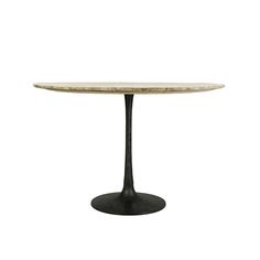 an oval marble table with black metal pedestals and a round base, against a white background