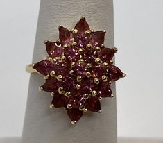 14K YELLOW GOLD RING WITH PINK SPINEL FLOWER   SIZE 5.5 RING WEIGHT 3.9 g Main Ston: Pink Spinel Main Stone Width: 3.5 mm Main Stone Length: 3.5 mm Main Stone Shape: Round Pink Spinel, Yellow Gold Ring, Flower Ring, Yellow Gold Rings, Womens Jewelry Rings, Rings Statement, Gold Ring, Favorite Jewelry, Statement Rings