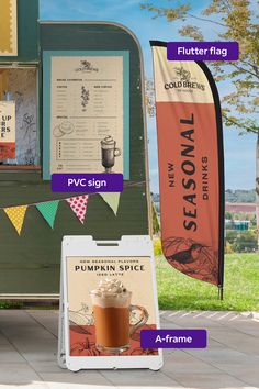 an advertisement for pumpkin spice on the side of a food truck with information about it