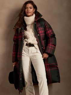 Petite Water-Repellent Long Puffer Coat | Banana Republic Red Check Shirt Outfit Women, Night Fashion, Puffer Coats, Long Puffer Coat, Long Puffer, Winter Gear, Autumn 2024, Plaid Coat, Banana Republic Women