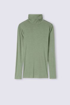 Long-sleeve top in soft modal cashmere ultralight with a high-neck design. Second-skin High Neck Top For Fall, Versatile Fine Knit Turtleneck Top, Versatile High Neck Turtleneck For Spring, High Neck Fine Knit Top For Layering, Fine Knit High Neck Top For Layering, Elegant Green High Neck Tops, Green Funnel Neck Top For Layering, Versatile High Neck Fine Knit Tops, Fine Knit High Neck Tops