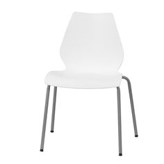 a white plastic chair with metal legs