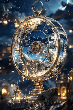 an artistic photo of a golden clock with stars in the background