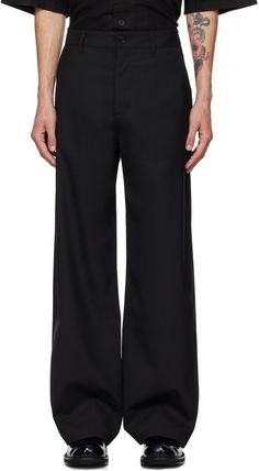 Loose-fit and wide-leg plain-woven stretch polyester- and wool-blend trousers. · Belt loops · Four-pocket styling · Zip-fly Supplier color: Black Black Wool Wide Leg Office Pants, Black Wool High-waisted Wide Leg Pants, Black High-waisted Wool Wide Leg Pants, Black Wide Leg Pants With Pockets And Straight Hem, Chic Black Wide Leg Pants With Pressed Crease, Black Wool Wide Leg Pants With Pressed Crease, Formal Black Wool Wide Leg Pants, Black Tailored Wide Leg Pants With Straight Hem, Tailored Black Wide Leg Pants With Straight Hem