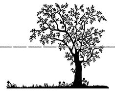 a black and white silhouette of a tree with lots of leaves on the branches, against a white background