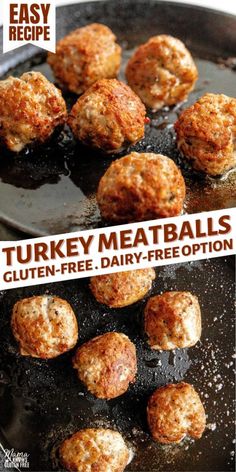 turkey meatballs are being cooked in a frying pan with the words easy recipe