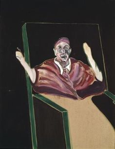 a painting of a man sitting in a chair with his hands up to the side