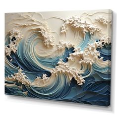 an abstract painting with white and blue waves in the ocean canvas wall art print on wrapped canvas