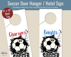 two door hangers with soccer logos and the words, soccer door hanger / hotel sign