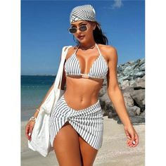 -Item Id 30594235 -Color: Black And White -Pattern Type: Striped -Details: Backless, Tie Back -Bottom Type: Skirt, High Cut -Bra Type: Triangle -Neckline: Halter -Number Of Pieces: 3 Piece Set -Fabric: High Stretch -Care Instructions: Machine Wash, Do Not Dry Clean -Waist Line: High Waist -Chest Pad: Removable Padding -Bikini Bottoms & Bikini Tops Material: Swimsuit Fabric -Bikini Bottoms & Bikini Tops Composition: 95% Polyester, 5% Elastane -Bikini Bottoms & Bikini Tops Body: Lined **Open To Of Beach Style Lined Swimwear, Beachy Lined Swimwear For Summer, Beachy Lined Swimwear For The Beach, Beachy Lined Swimwear For Beach, Lined Tankini For Sunbathing During Beach Season, Lined Swimwear For Pool Vacation, Lined Swimwear For Vacation Pool, Beachy Lined Swimwear For Poolside, Poolside Lined Swimwear For Beach Season