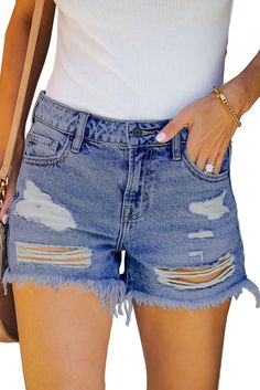 Blue Raw Hem Distressed High Rise Denim Shorts Summer Washed Blue Ripped Jean Shorts, Distressed Washed Blue Denim Jean Shorts, Washed Blue Ripped Cutoff Jean Shorts, Mid-rise Ripped Blue Jean Shorts, Blue Ripped Mid-rise Jean Shorts, Mid-rise Distressed Denim Blue Jean Shorts, Blue Ripped Cutoff Jean Shorts, Ripped Denim Shorts In Blue, Distressed Short-length Blue Jean Shorts