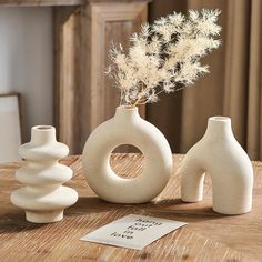 three white vases sitting on top of a wooden table next to a small plant