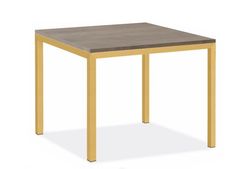 a square table with a wooden top and metal legs, viewed from the front view