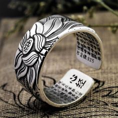 Buddhist Lotus Ring - Heart Sutra - 925 Sterling Silver – Higherchakra Buddhist Scriptures, Heart Sutra, Lotus Ring, Wedding Band Sets, Flower Heart, Open Ring, Sterling Silver Bands, Ring Vintage, Zambia