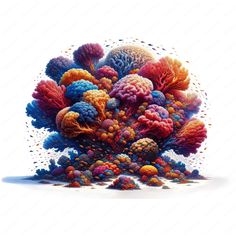 an abstract image of colorful corals and other marine creatures on a white background with water droplets