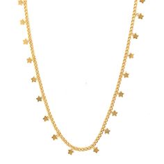 Shine like a star with our Gold Filled Star Dangling Necklace. This enchanting piece captures the celestial beauty of stars, delicately crafted with a gold-filled design. The dangling stars add a touch of whimsy and charm to your neckline, making it a perfect accessory for both casual and special occasions Chain Length: 16" with a 2" extension Celestial Star-shaped Necklace With Adjustable Chain, Celestial Star Charm Necklace With Clavicle Chain, Party Star Charm Necklaces, Celestial Yellow Gold Charm Necklaces With Star Charm, Celestial Yellow Gold Charm Necklace With Star Charm, Gold Starfish Charm Jewelry For Party, Celestial Dangle Necklace With Star Charm, Celestial Yellow Gold Necklace With Star Charm, Gold Celestial Dangle Charm Necklaces