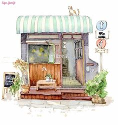 a watercolor painting of a store front with cats on the awning and potted plants outside