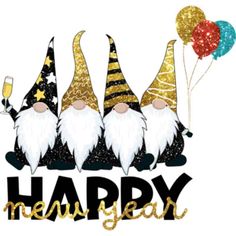 happy new year gnomes with balloons and confetti