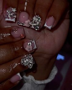 Cute Nails For Cheer, Back To School Nails With Charms, Nails Short Charms, Junk Nails Bling Short, Square Nails With Charms, Cute Nails With Charms, Acrylic Nails Charms, Junk Nails Short, Nails Charms