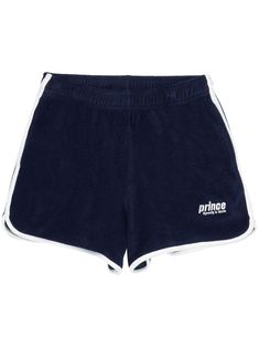 Casual Blue Bottoms With Logo Waistband, Cotton Bottoms With Logo Waistband For Summer, Summer Loungewear Bottoms With Logo Waistband, Navy Shorts For Loungewear, Navy Loungewear Shorts, Navy Athleisure Shorts For Loungewear, Navy Cotton Shorts With Short Leg, Casual Short Bottoms With Contrast Trim, Cotton Shorts With Contrast Trim