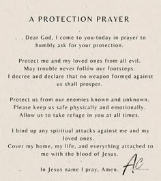 a poem written in black ink on white paper with the words protection prayer below it