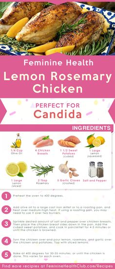 the recipe for lemon rosemary chicken is shown in pink and white with green leaves on it